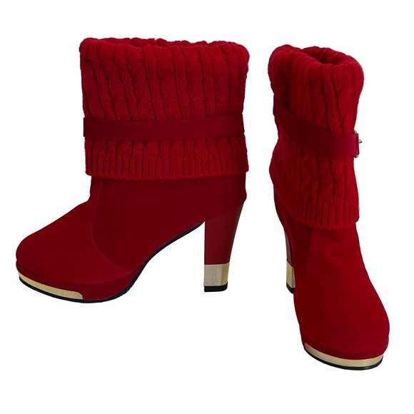 New BBLAN Red Suede Heeled Fashion Booties, Knit Fold-Over, Gold Accents US 7.5 - Picture 2 of 7